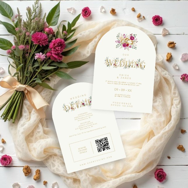 Exquisite Gold Rings Floral Wedding TLW26 Invitation (Exquisite Gold Rings Wedding Invitation with Elegant Cream Floral Bouquet Watercolor Effect)