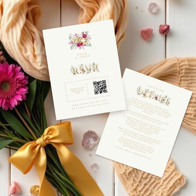 Exquisite Gold Rings Floral Wedding TLW26 RSVP Card (Exquisite Gold Rings Wedding RSVP with Elegant Cream Floral Bouquet Watercolor Effect.)