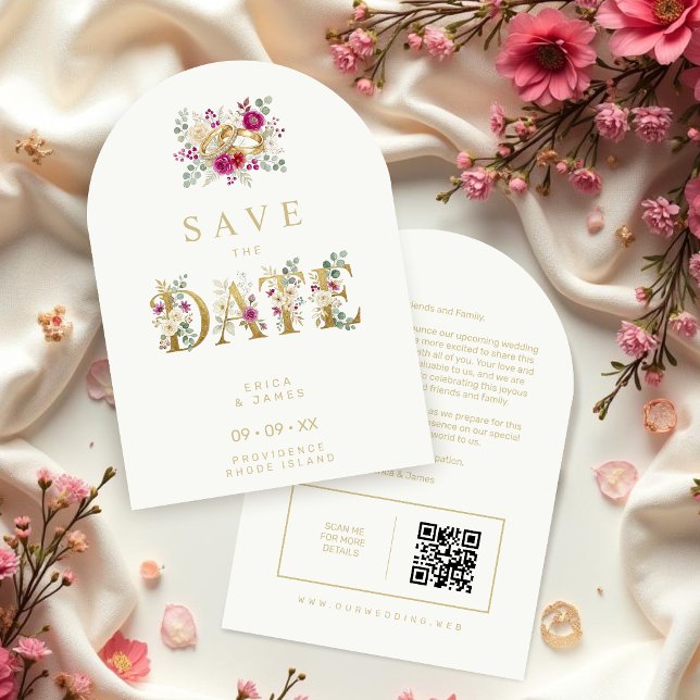 Exquisite Gold Rings Floral Wedding TLW26 Save The Date (Exquisite Gold Rings Save the Date with Elegant Cream Floral Bouquet Watercolor Effect.)