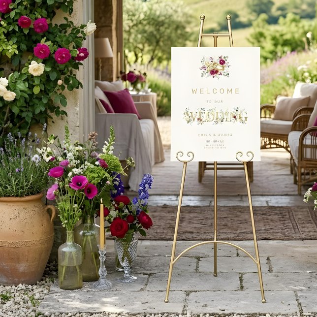 Exquisite Gold Rings Floral Wedding Welcome TLW26 Foam Board (Exquisite Gold Rings Wedding Welcome Sign with Elegant Cream Floral Watercolor Effect.)
