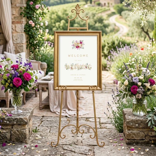 Exquisite Gold Rings Floral Wedding Welcome TLW26 Poster (Exquisite Gold Rings Wedding Welcome Sign with Elegant Cream Floral Watercolor Effect.)
