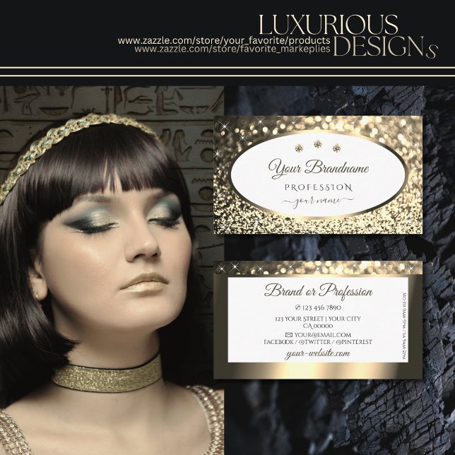 Exquisite Gold Sparkling Glitter White with Jewels Business Card (Creator Uploaded)
