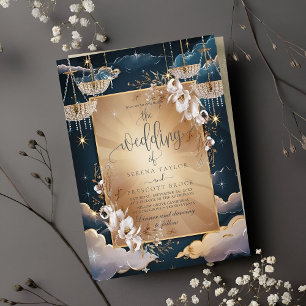 Exquisite Golden Chandelier Floral Wedding Invitation