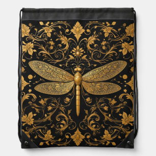 Exquisite Golden Dragonfly with Floral Art Drawstring Bag