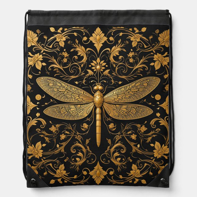 Exquisite Golden Dragonfly with Floral Art Drawstring Bag (Front)