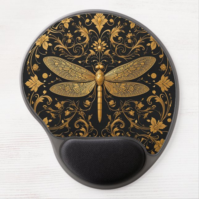 Exquisite Golden Dragonfly with Floral Art Gel Mouse Pad (Front)