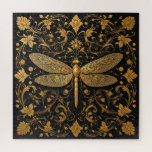 Exquisite Golden Dragonfly with Floral Art Jigsaw Puzzle