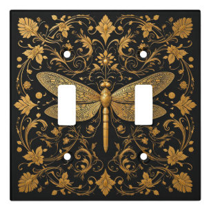 Exquisite Golden Dragonfly with Floral Art Light Switch Cover