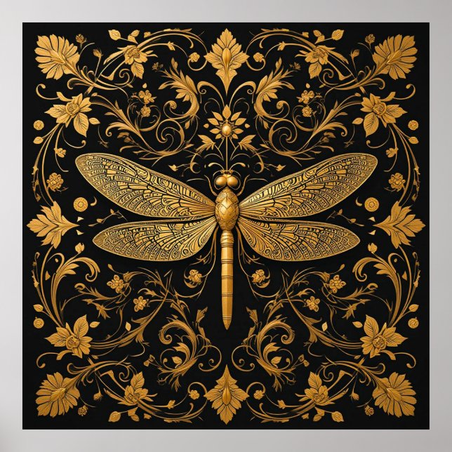 Exquisite Golden Dragonfly with Floral Art Poster (Front)