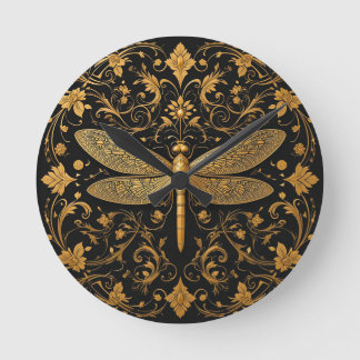 Exquisite Golden Dragonfly with Floral Art Round Clock
