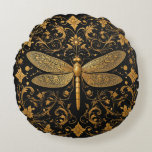Exquisite Golden Dragonfly with Floral Art Round Pillow