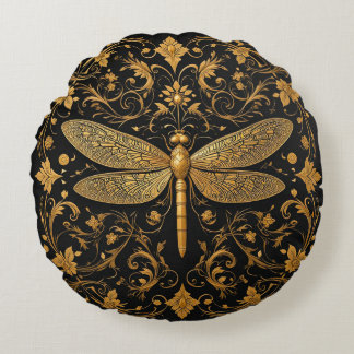Exquisite Golden Dragonfly with Floral Art Round Pillow