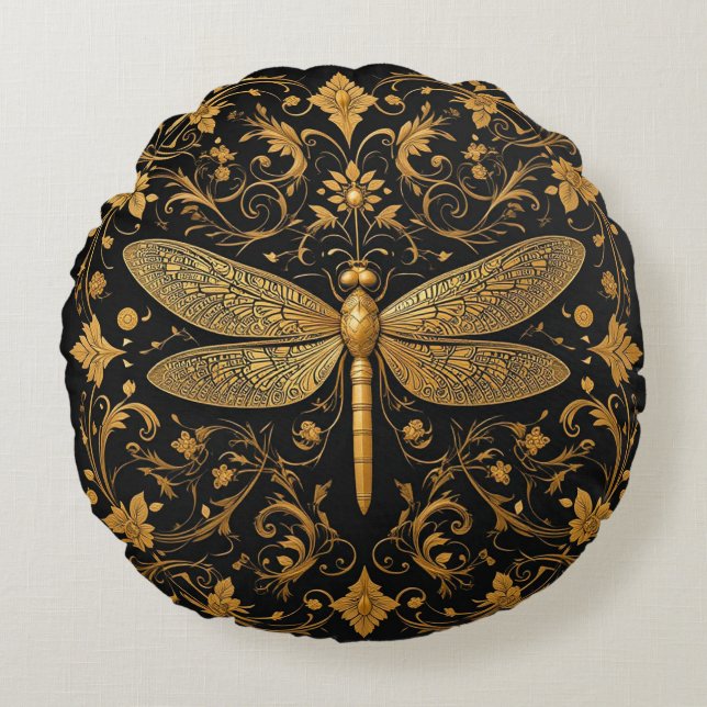 Exquisite Golden Dragonfly with Floral Art Round Pillow (Front)