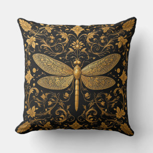 Exquisite Golden Dragonfly with Floral Art Throw Pillow