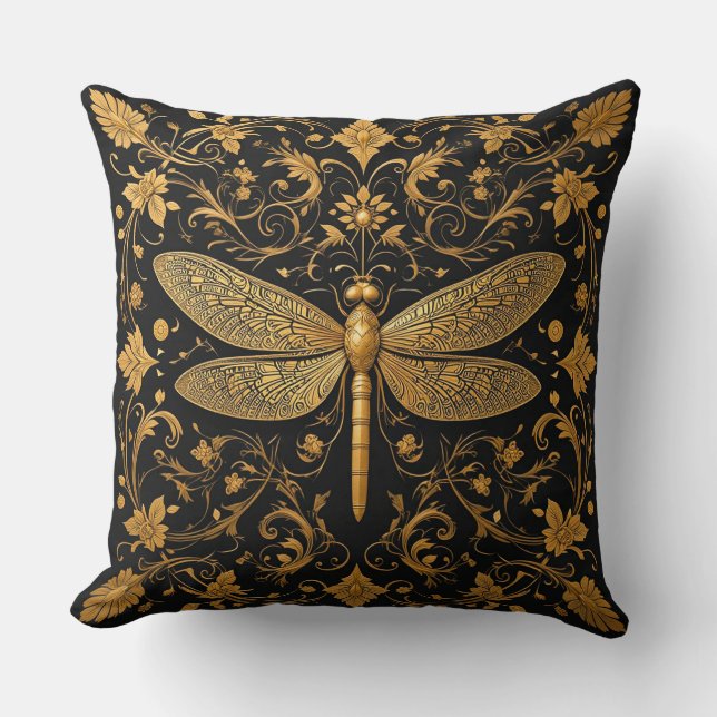Exquisite Golden Dragonfly with Floral Art Throw Pillow (Front)