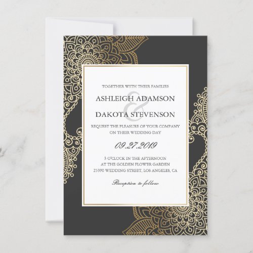 Exquisite Golden Floral Henna Wedding Invitation - Exquisite Golden Floral Henna Wedding by Eugene Designs.

This exquisite black, white and golden wedding invitation comprises delicate flourishes on the diagonal corners (top left & bottom right) both front and back. There is a white overlay on the black and gold background also with a golden brown gradient border. The typography is stylish and simple with ease of customization a priority. A cursive, calligraphic ampersand lies behind the couple's names. Please note that all Zazzle invitations are flat printed - the golden color is a digital effect and there is no gold foil on this invitation. Thank you.