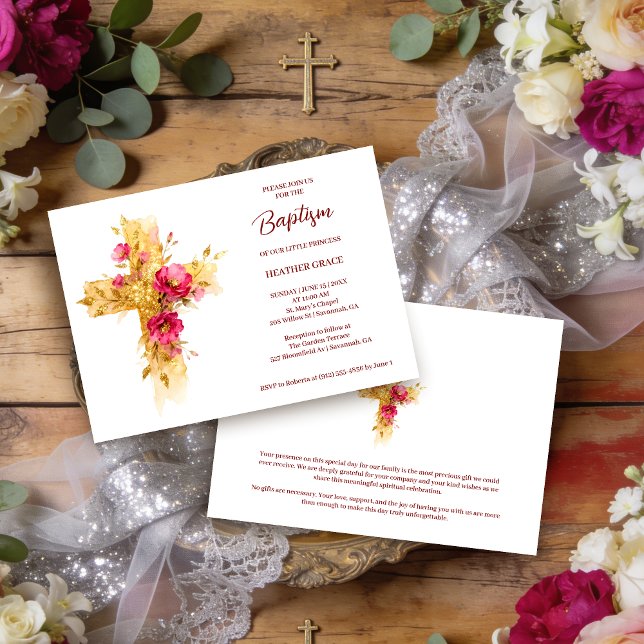Exquisite Golden Glitter Floral Cross Baptism Invitation (Exquisite Gold Glitter Effect Floral Cross Christian Baptism Invitation Card Design. )