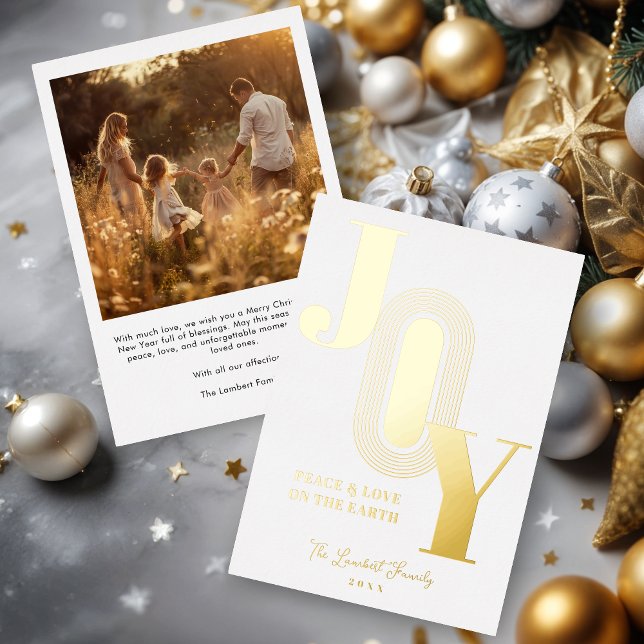 Exquisite Golden Modern JOY Metallic Christmas Foil Holiday Card (Exquisite Golden Modern JOY Metallic Foil Christmas Holiday Cards with Family Photo on Back.)