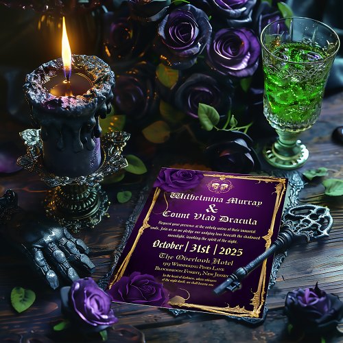 Exquisite Gothic Purple  Gold Skull and Bones Foil Invitation