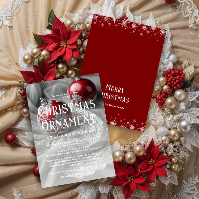 Exquisite Grey Shades & Red Christmas Ornament  Invitation (Exquisite Grey Shades & Red Christmas Ornament Exchange Party Invitations Cards.)