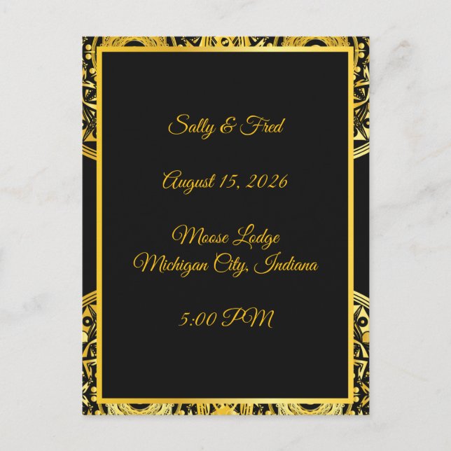 Exquisite High Resolution, Black And Gold Wedding Postcard (Front)