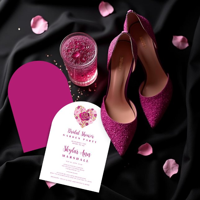 Exquisite Hot Pink Golden Heart Bridal Shower Invitation (Exquisite Floral Hot Pink and Golden Effect Heart Bridal Shower Invitation Design. )