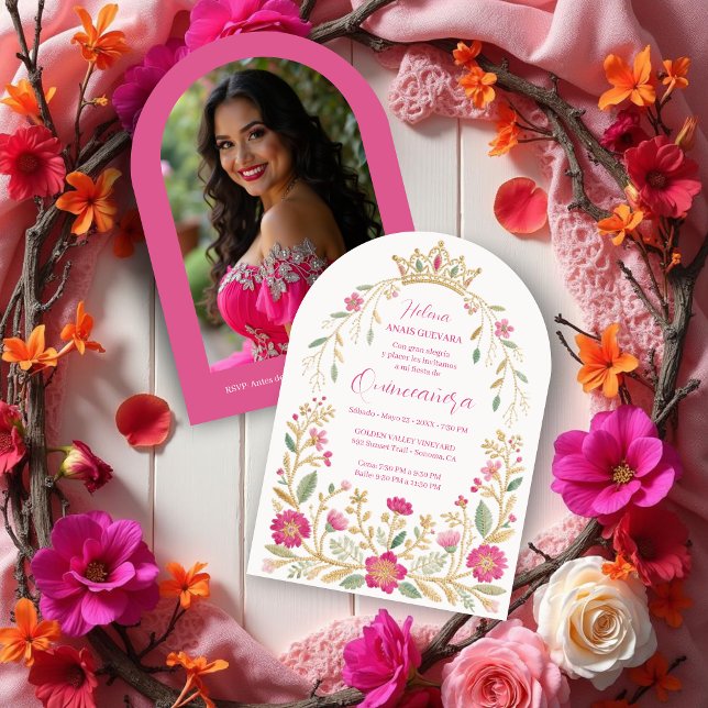 Exquisite Hot Pink Spanish Quinces Floral Border Invitation (Exquisite Hot Pink Spanish Mexican Inspired Floral Border Embroidery Style Quinceañera Invitation.)