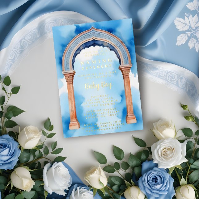 Exquisite Indian Architecture Arch Naming Ceremony Foil Invitation (Exquisite Indian Architecture Arch Watercolor in Blue Shades Background Naming Ceremony Foil.)