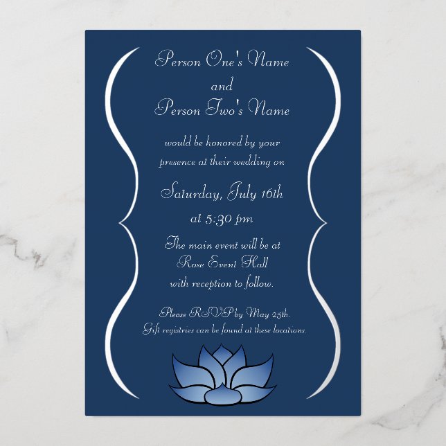 Exquisite Lotus in Blue Foil Invitation (Front)