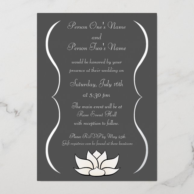Exquisite Lotus in White Foil Invitation (Front)