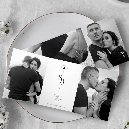 Exquisite Minimalist Black White Wedding 4 Photos Tri_Fold Invitation