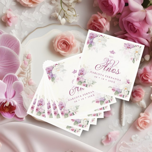 Exquisite Mis XV Años Spanish Floral Orchid Posies Napkins (Romantic Exquisite Mis XV Años Spanish Floral Orchids Bouquets in Pink shades Napkins. )