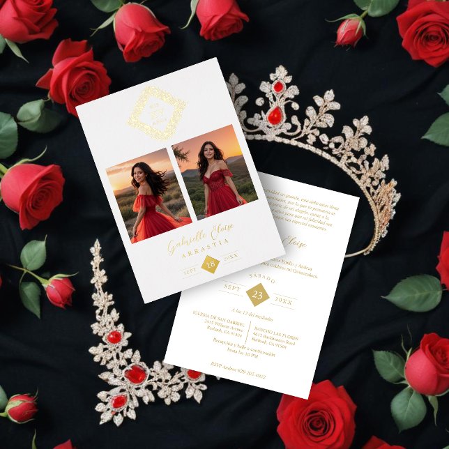 Exquisite Modern Floral Diamond Shape Mis XV Años  Foil Invitation (Exquisite Modern Floral Diamond Shape Mis XV Años Anagram 2 Photos Collage Metallic Foil Invitation.)