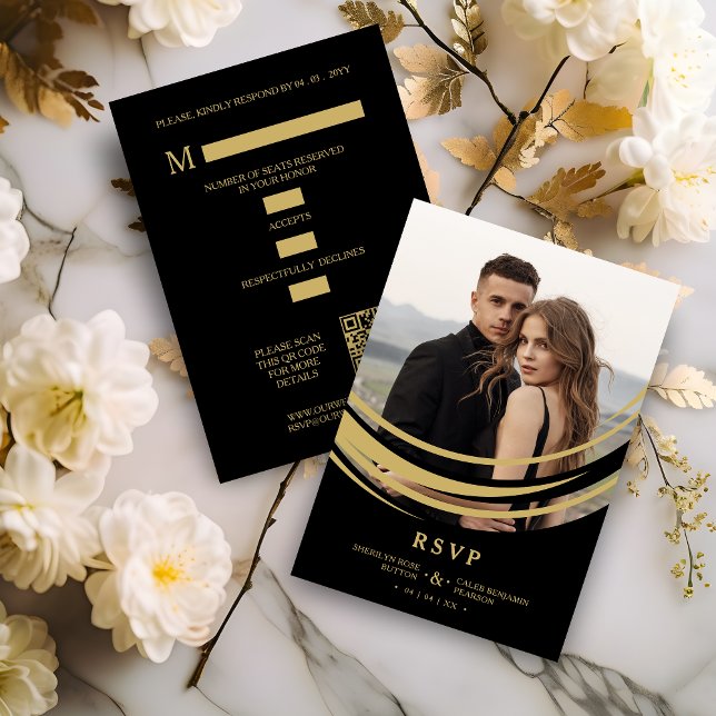 Exquisite Modern Golden Abstract Geometric Shape RSVP Card (Exquisite Modern Faux Golden Abstract Geometric Shape Photo Wedding RSVP Card. )