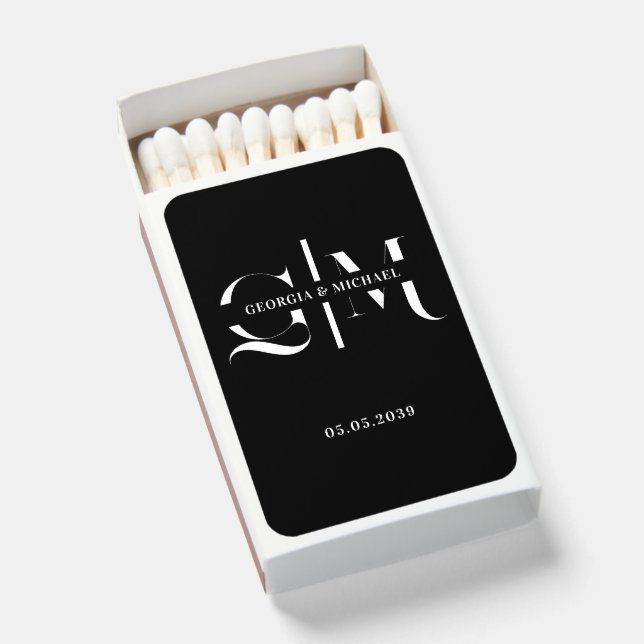Exquisite Monogram Minimalist Black Wedding Matchboxes (Front Open)