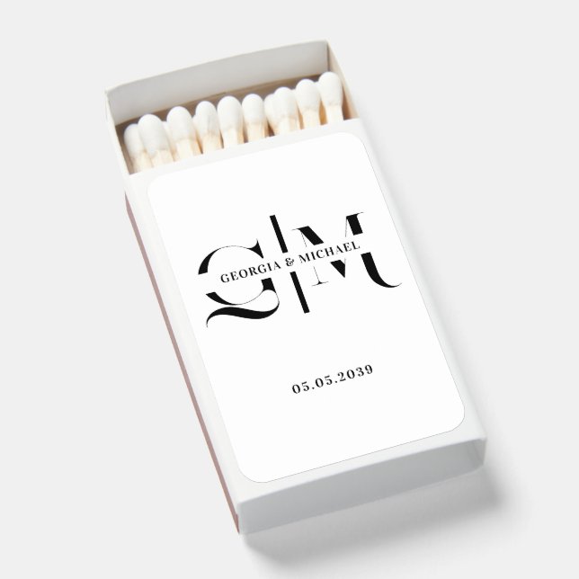Exquisite Monogram Minimalist White Wedding Matchboxes (Front Open)