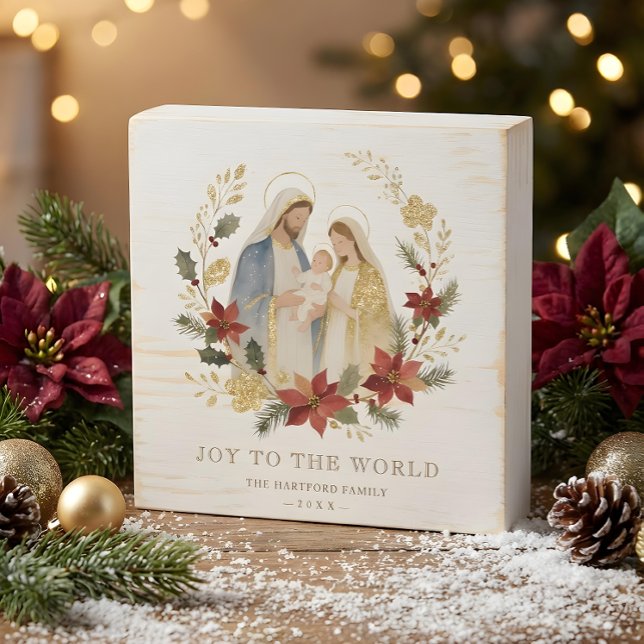 Exquisite Nativity Holy Family Christmas Wreath Wooden Box Sign (Exquisite Nativity Holy Family Christmas Floral Wreath Wooden Box Signs in Soft Tones. )