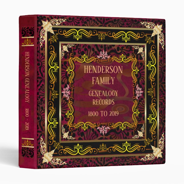 Exquisite Ornate Red Gold Genealogy Family Tree  3 Ring Binder (Front/Spine)