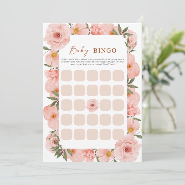 Exquisite Peach Floral Baby Shower BINGO Card (Standing Front)