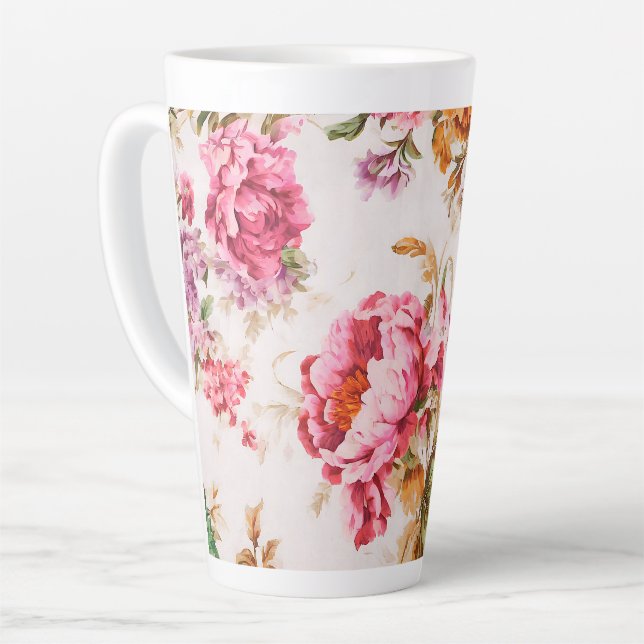 Exquisite Pink and Orange Flowers. Shabby Chic Latte Mug (Left Angle)