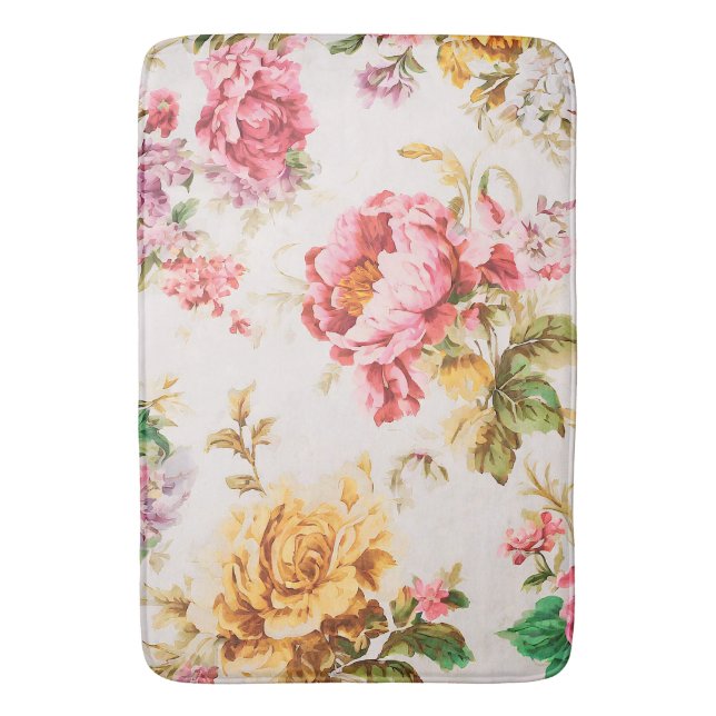 Exquisite Pink and Yellow Flowers. Shabby Chic Bath Mat (Front Vertical)