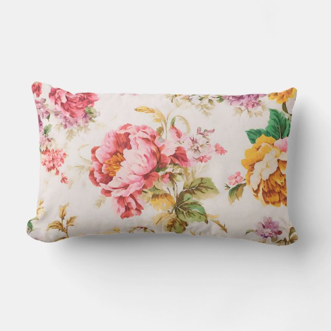 Exquisite Pink and Yellow Flowers. Shabby Chic Lumbar Pillow (Front)