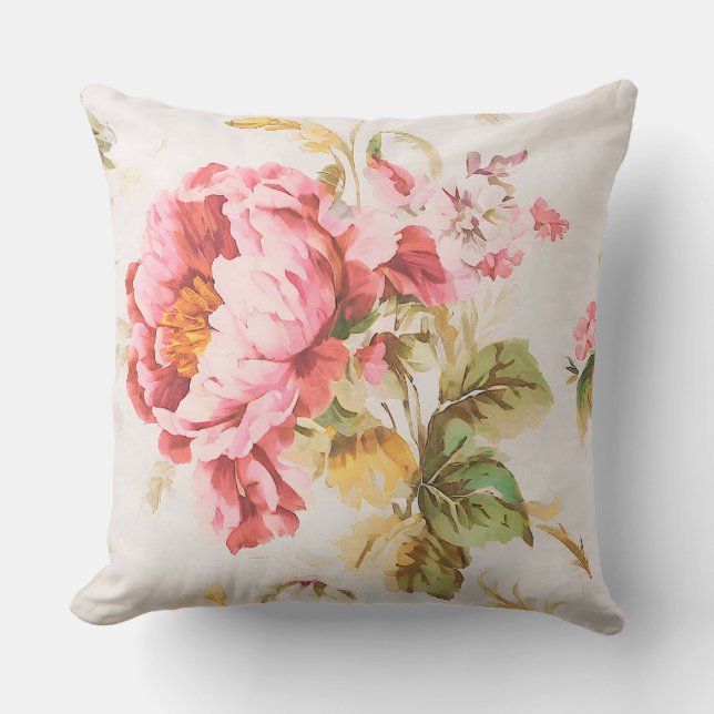 Exquisite Pink and Yellow Flowers. Shabby Chic Outdoor Pillow (Front)