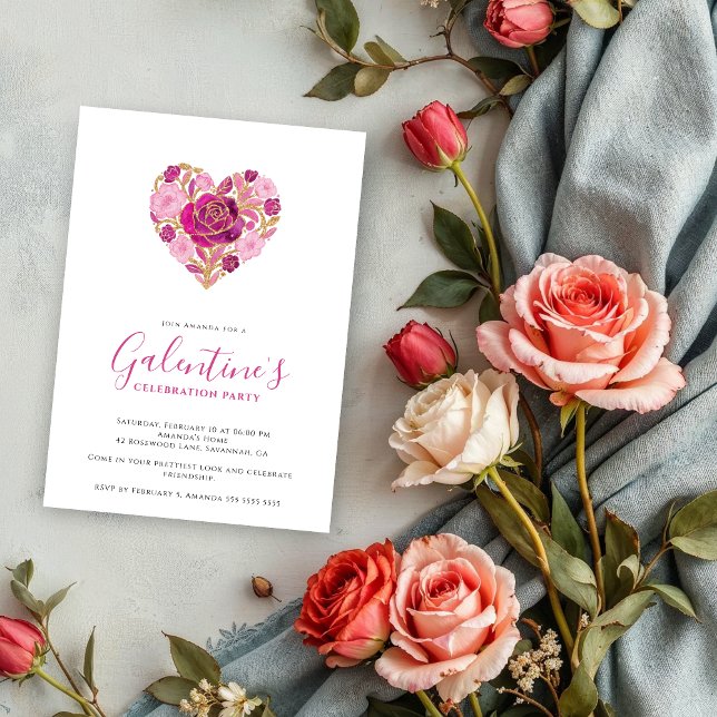 Exquisite Pink Floral Heart Galentine's Day Party  Invitation (Exquisite Floral Heart Galentine's Day Party Invitation Cards for Your Best Friends in Pink Shades.)