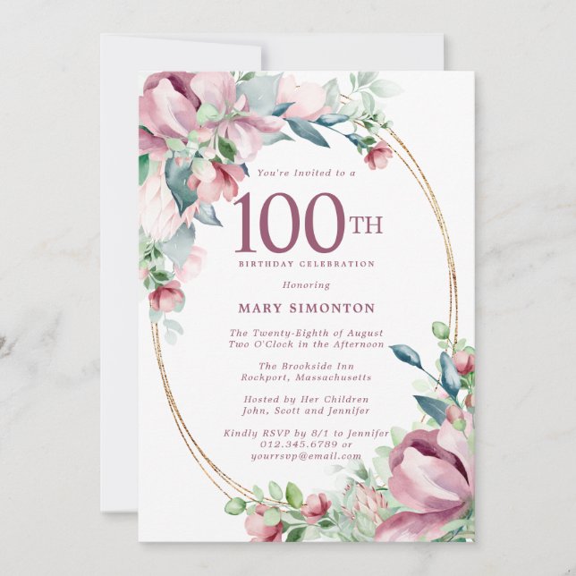 Exquisite Pink Mauve Floral 100th Birthday Invitation (Front)