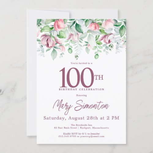 Exquisite Pink Mauve Floral 100th Birthday Invitation