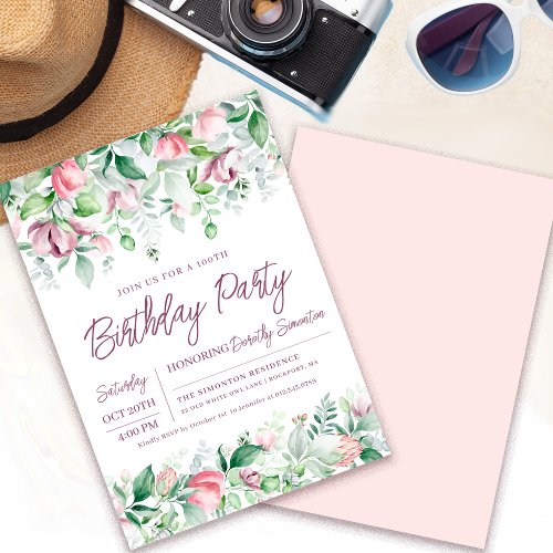 Exquisite Pink Mauve Floral 100th Birthday Invitation
