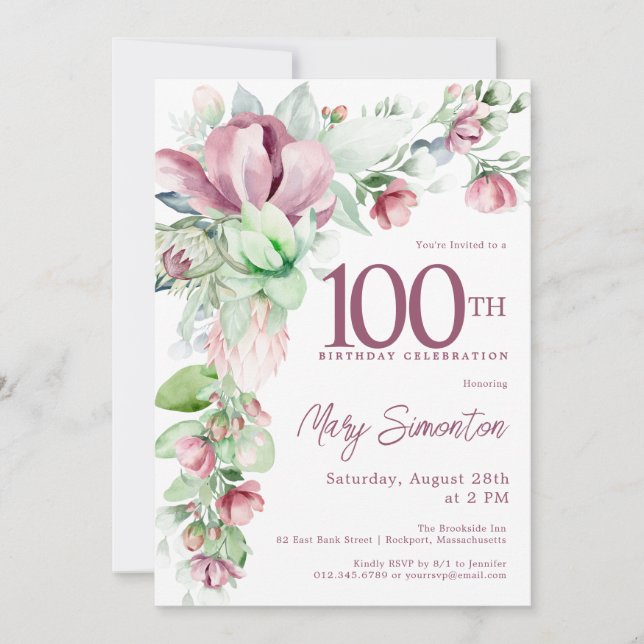 Exquisite Pink Mauve Floral 100th Birthday Invitation (Front)