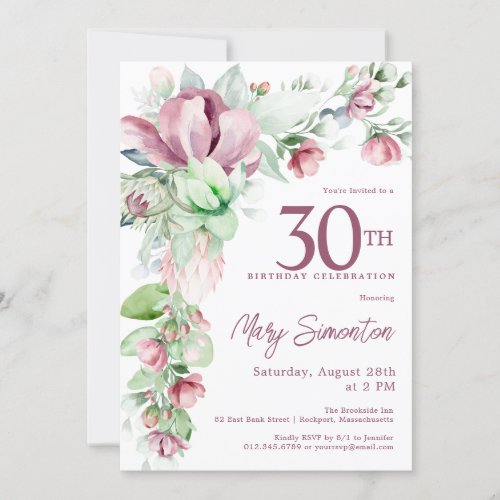 Exquisite Pink Mauve Floral 30th Birthday Invitation