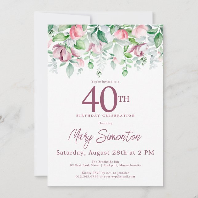 Exquisite Pink Mauve Floral 40th Birthday  Invitation (Front)